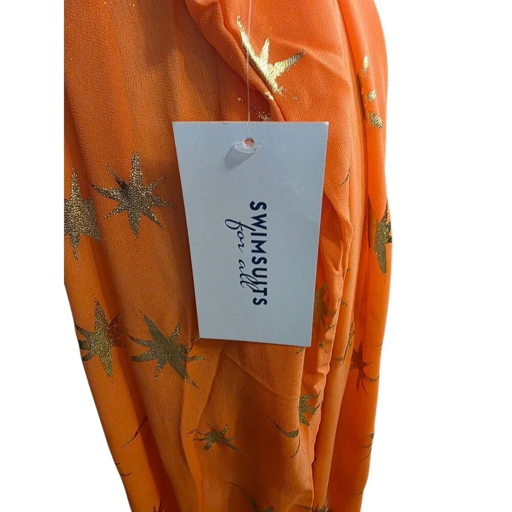 Swimsuits For All Womens 22/24  Orange Gold Foil Chiffon Maxi Cover Up Dress NWT
